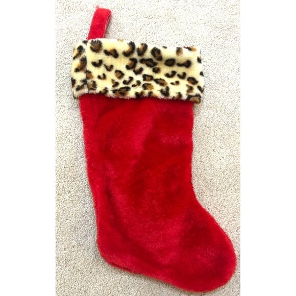 Red Faux Fur Christmas Stocking With Leopard Print Cuff 16" - Picture 1 of 7